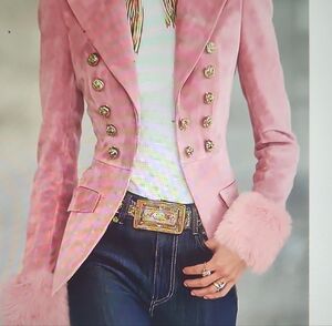 Pink Double-Breasted Womens Blazer with Faux Fur Cuffs